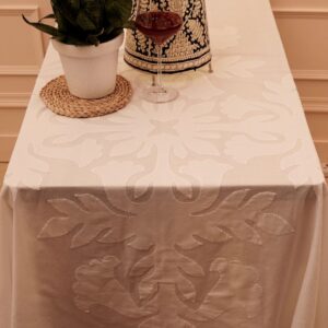 Ornamental Applique Cut Work Table Cover / Cotton Cambric / Size 14X90